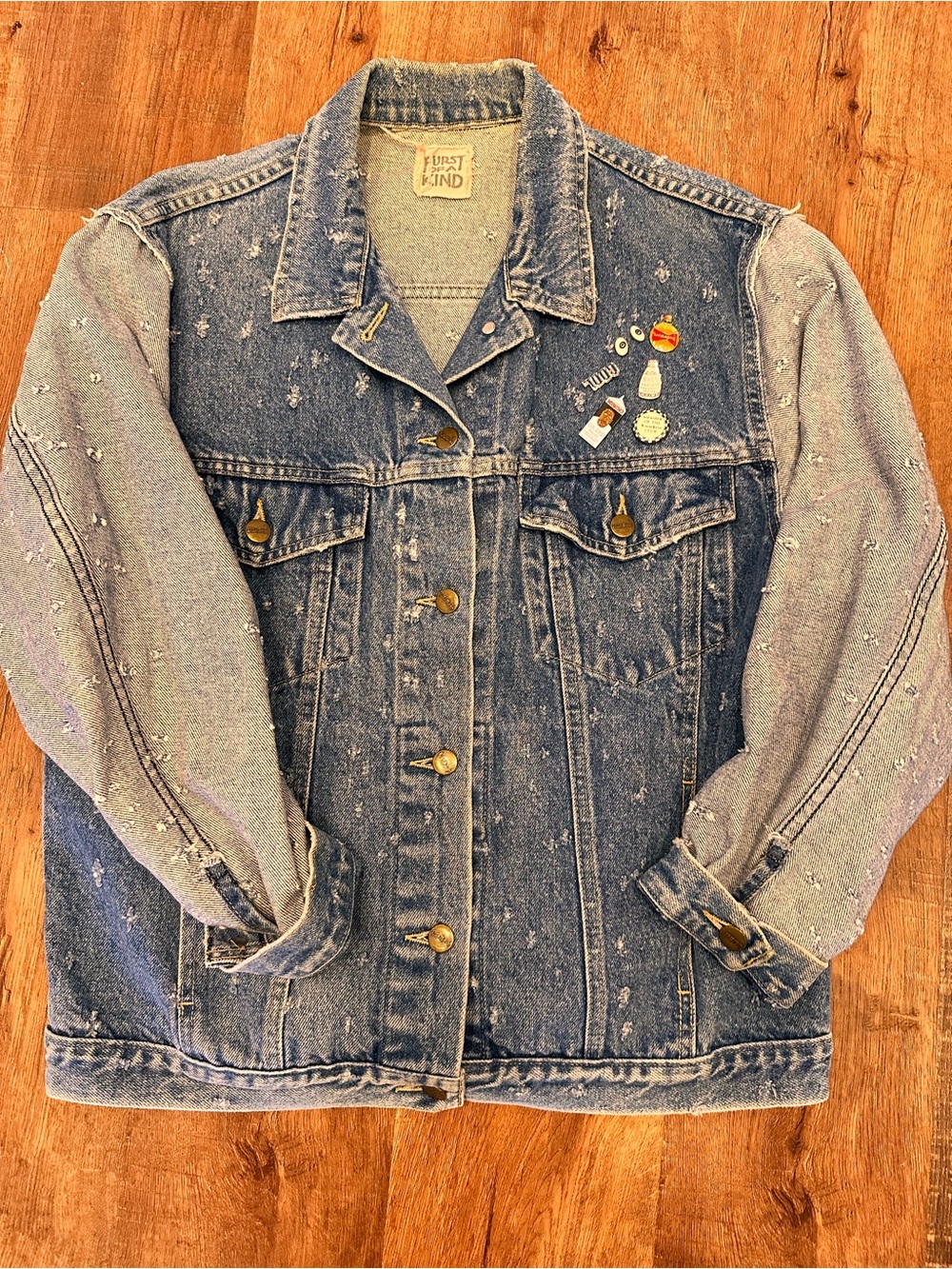 Furst  of a kind denim jacket Distressed Two-Tone Denim Jacket with Enamel Pins